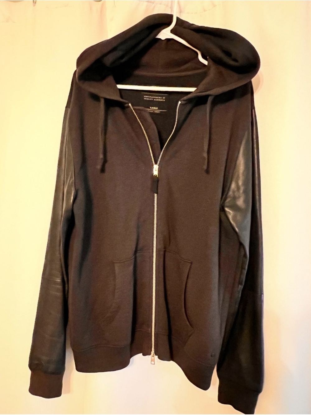 All Saints Black Zip-Up Hoodie with lamb skin Leather Sleeves - Large